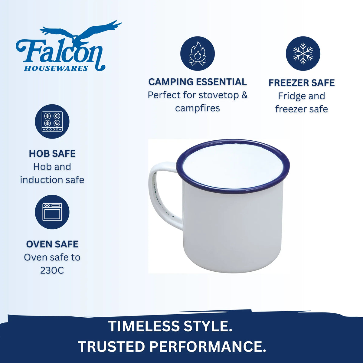 Falcon enamel white mug 9cm with classic blue rim