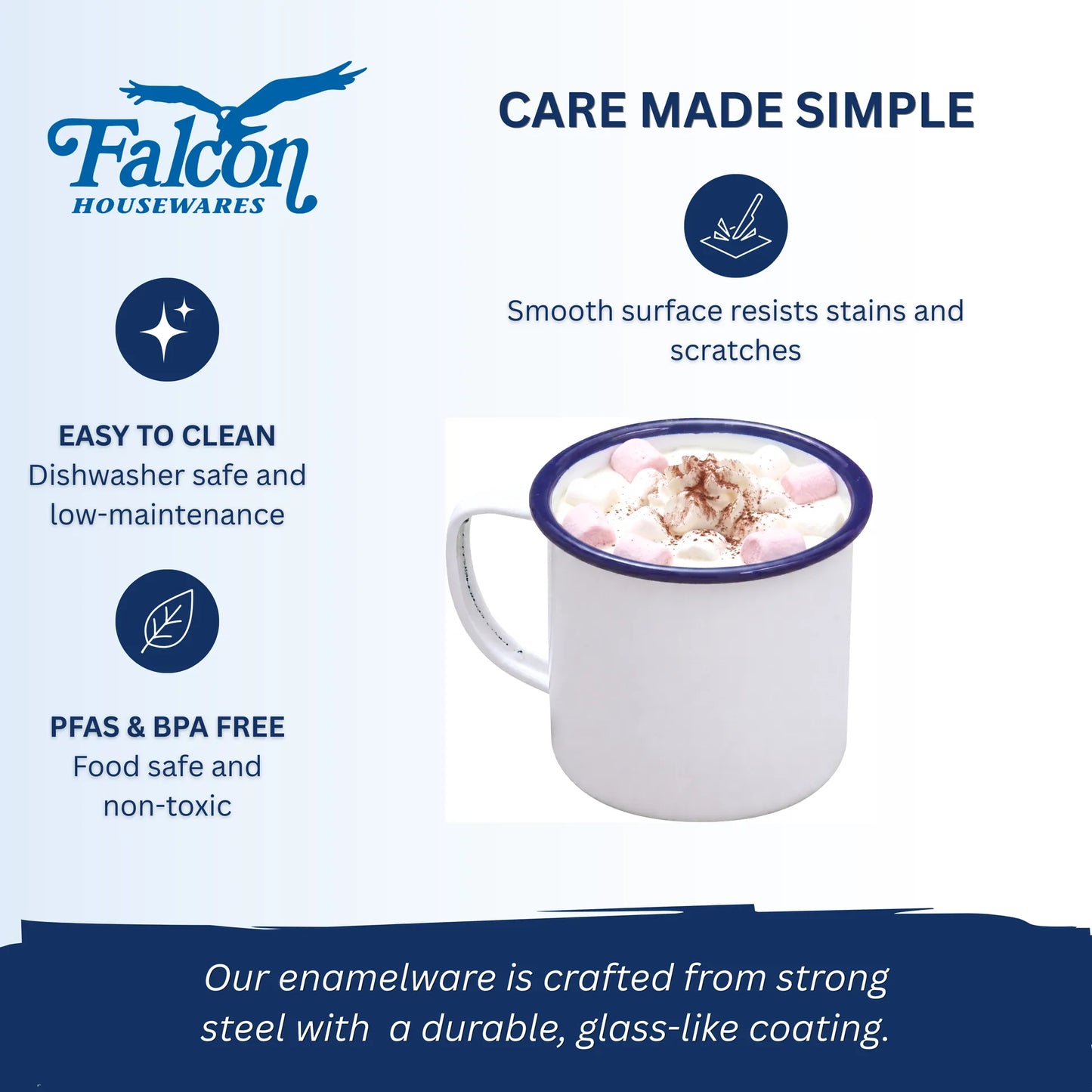 Falcon enamel white mug 9cm with classic blue rim