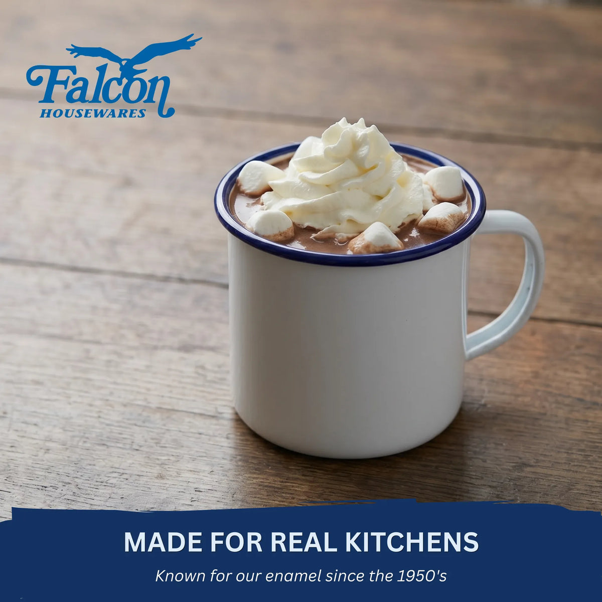 Falcon enamel white mug 9cm with classic blue rim
