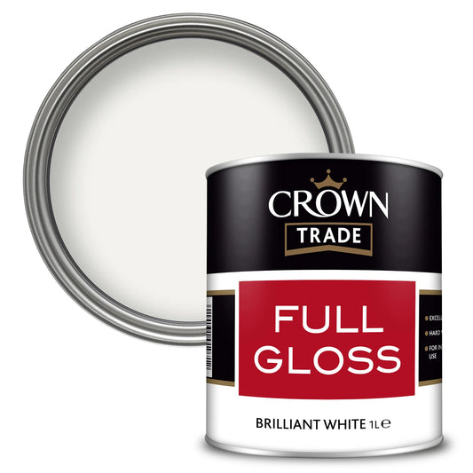 1 Litre tin of Crown Trade Full Gloss paint in Brilliant White for wood and metal trim.