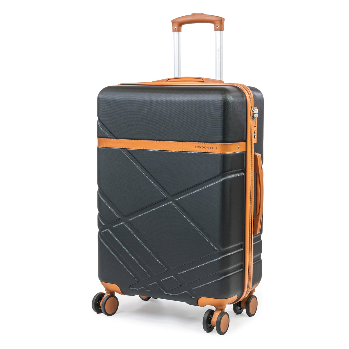 London Fog Eton hard shell suitcase featuring 8 spinner wheels and integrated TSA lock in black