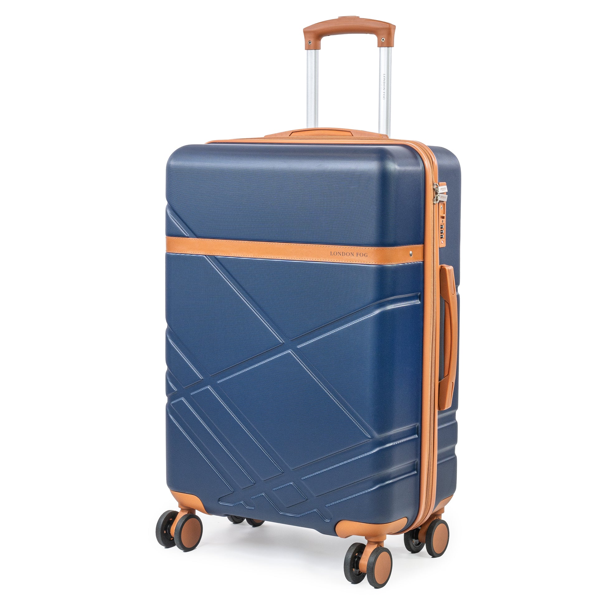 London Fog Eton hard shell suitcase featuring 8 spinner wheels and integrated TSA lock in navy