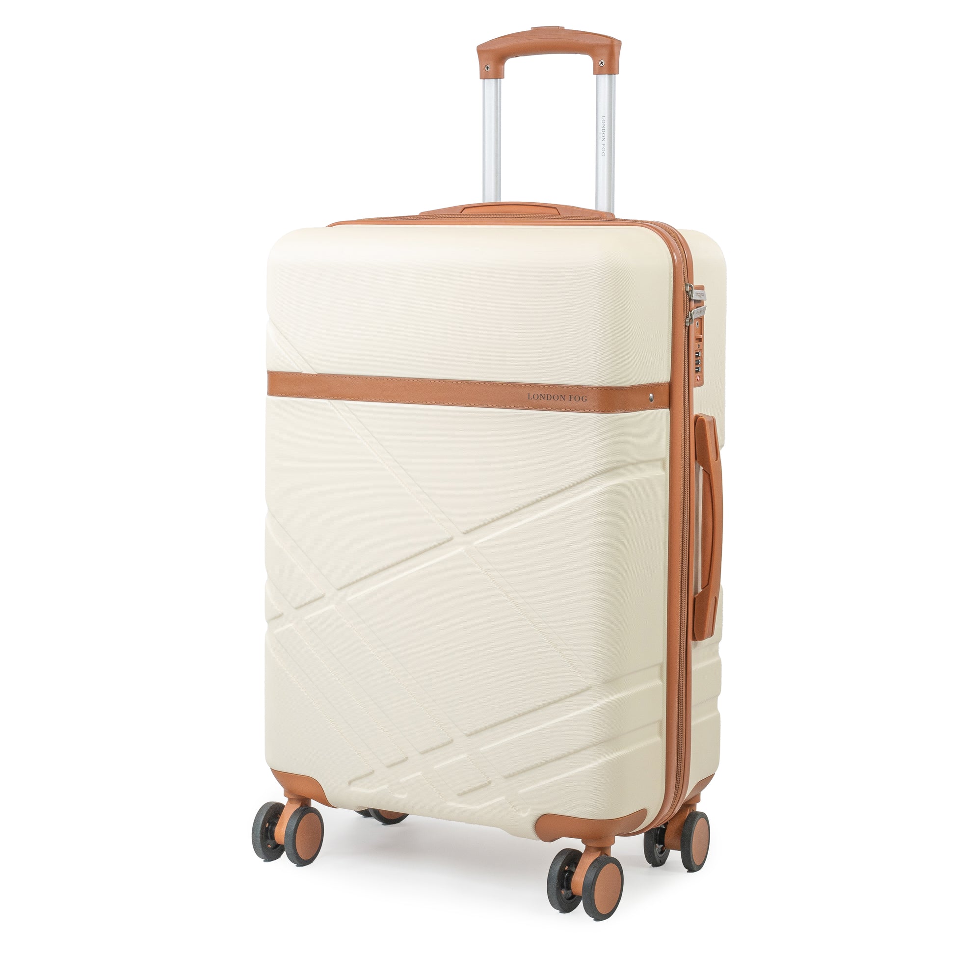 London Fog Eton hard shell suitcase featuring 8 spinner wheels and integrated TSA lock in cream