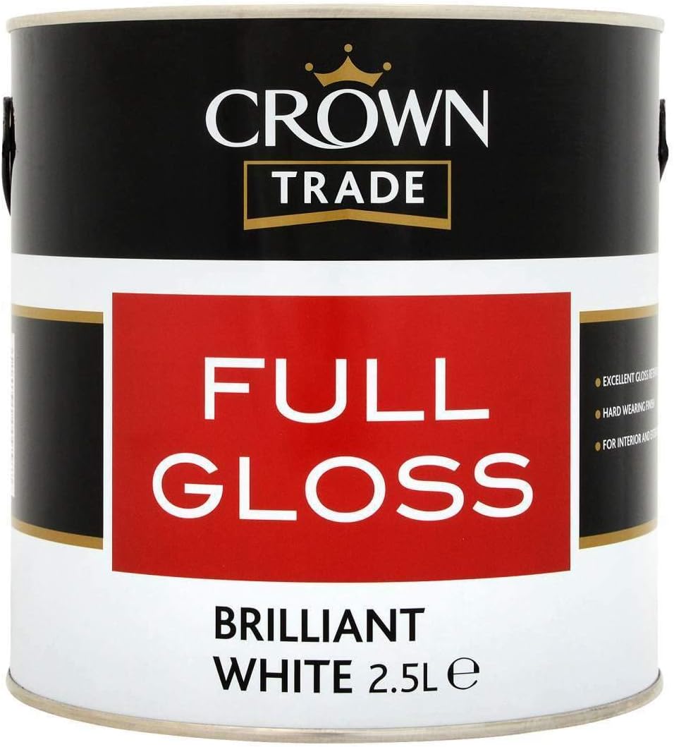 2.5 Litre tin of Crown Trade Full Gloss paint in Brilliant White for interior and exterior wood and metalwork</li>