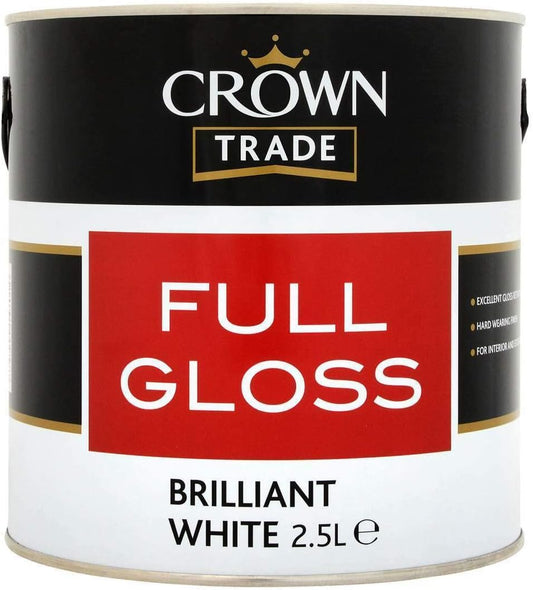 2.5 Litre tin of Crown Trade Full Gloss paint in Brilliant White for interior and exterior wood and metalwork</li>