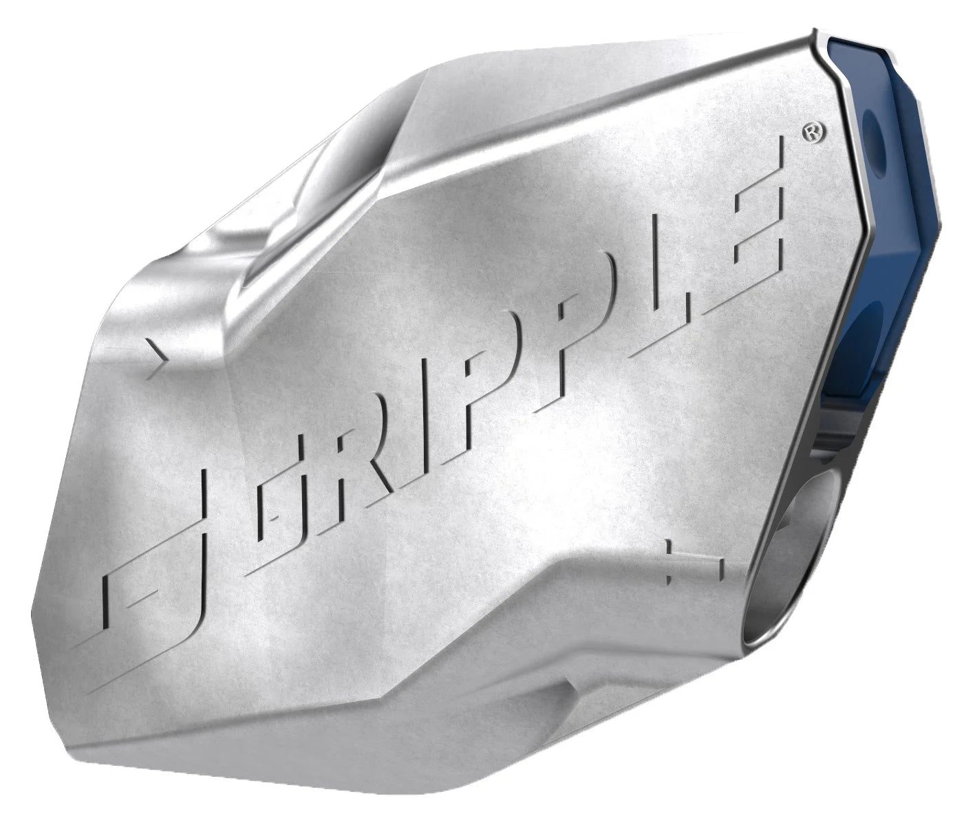 A silver Gripple Plus metal wire joiner securely tensioning a smooth blue metal wire wrapped around a wooden agricultural fence post