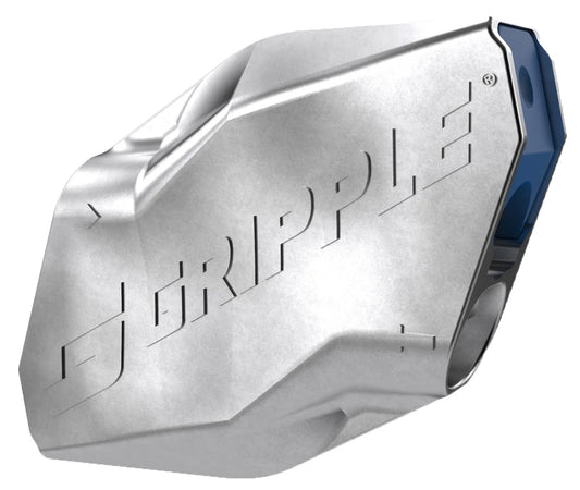 A silver Gripple Plus metal wire joiner securely tensioning a smooth blue metal wire wrapped around a wooden agricultural fence post