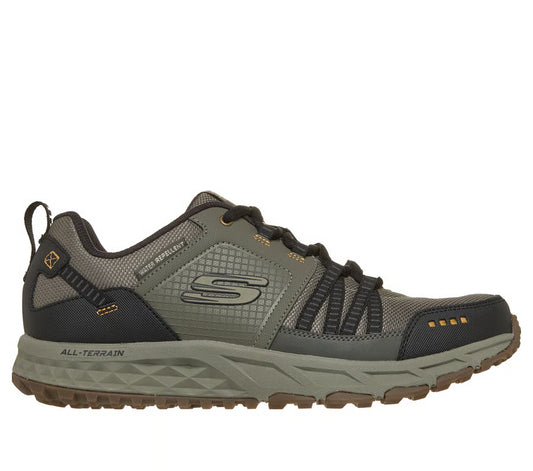 Side view of Skechers Men's Escape Plan water-repellent trail hiking trainers.