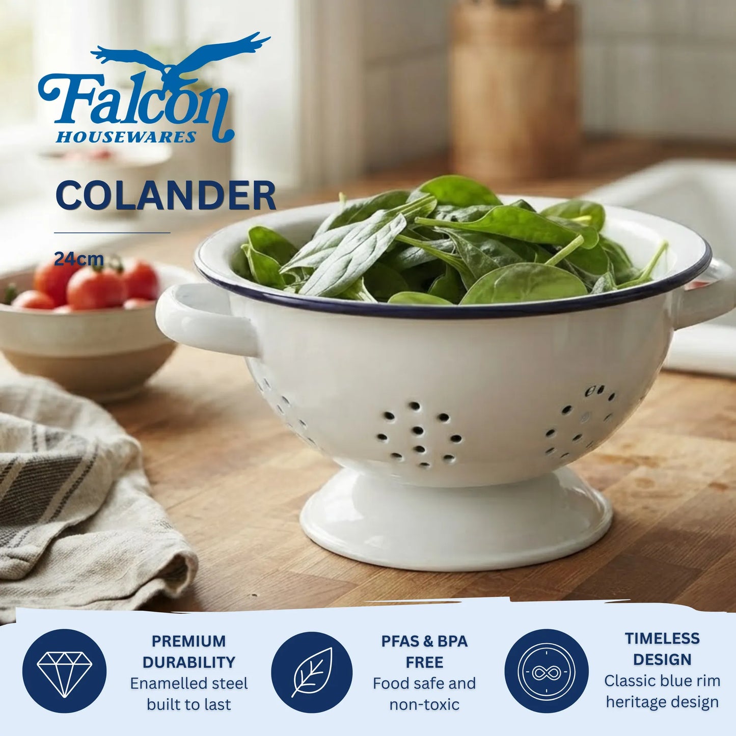 Falcon enamel white colander 24cm with classic blue rim and side handles