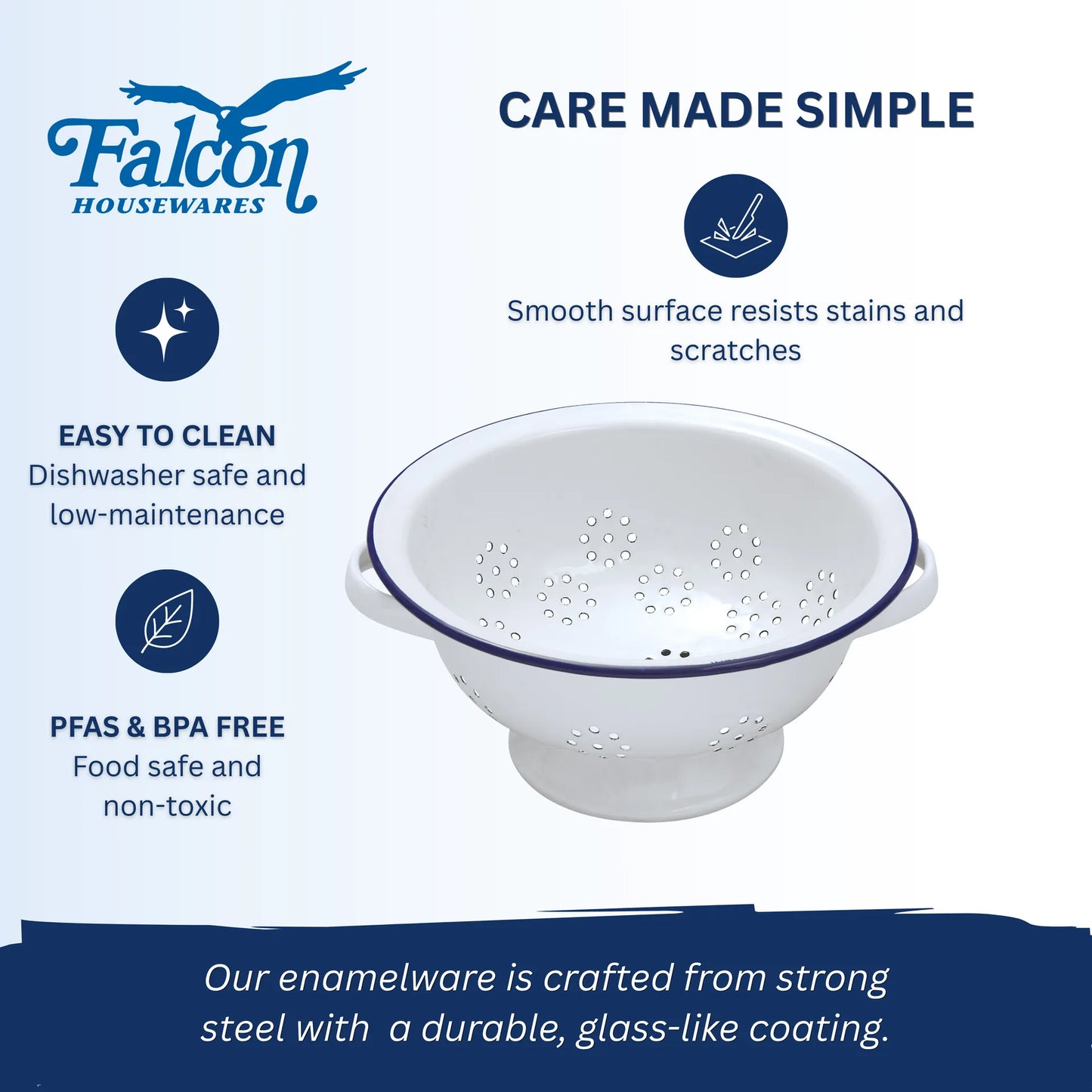 Falcon enamel white colander 24cm with classic blue rim and side handles