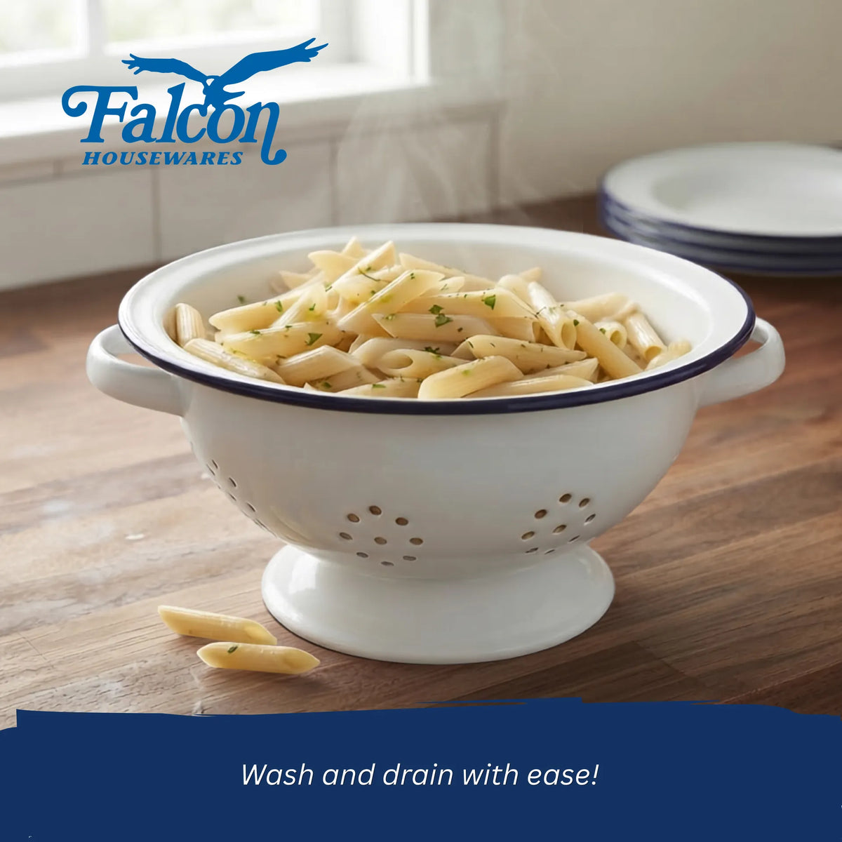 Falcon enamel white colander 24cm with classic blue rim and side handles