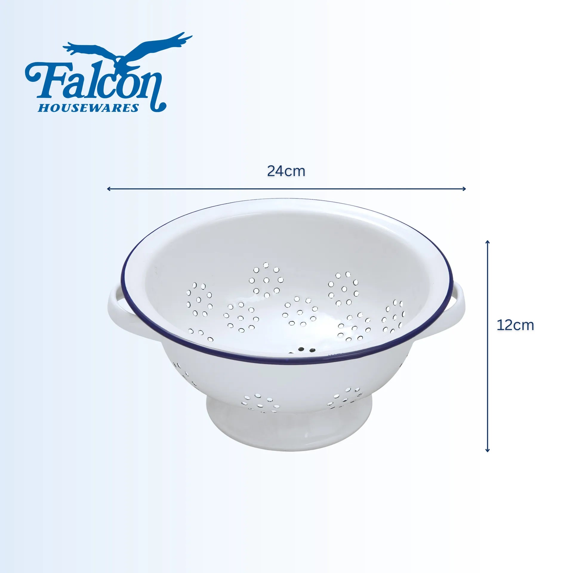 Falcon enamel white colander 24cm with classic blue rim and side handles
