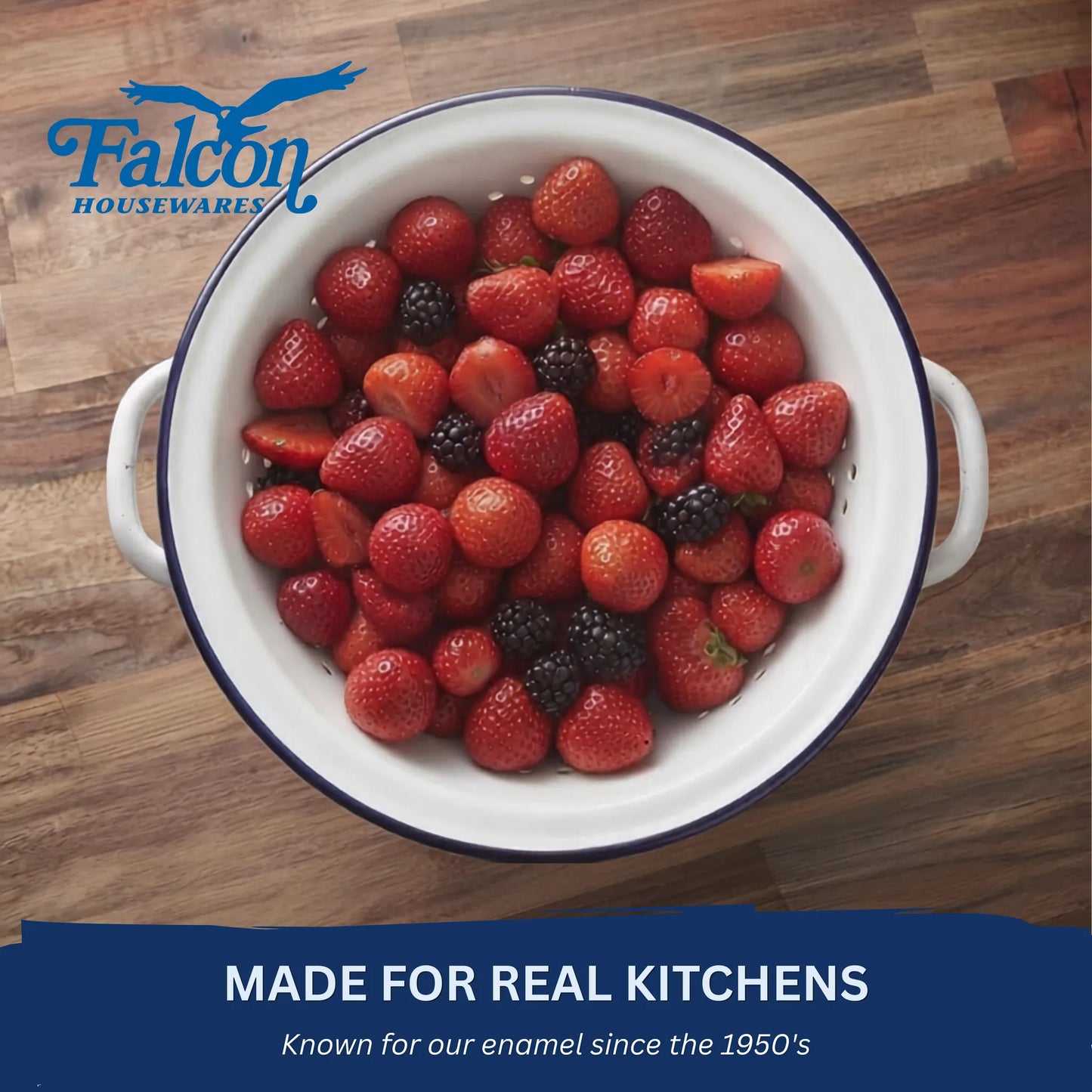 Falcon enamel white colander 24cm with classic blue rim and side handles