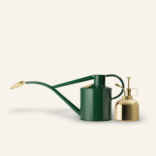 Haws The Rowley Ripple metal watering can with matching brass mist spritzer