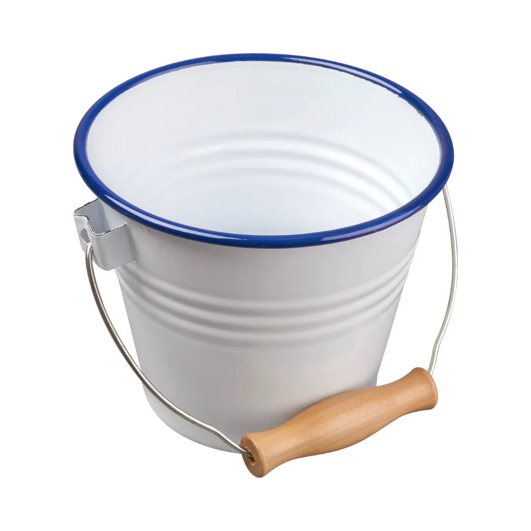 Falcon white enamel bucket with blue rim and wooden handle grip