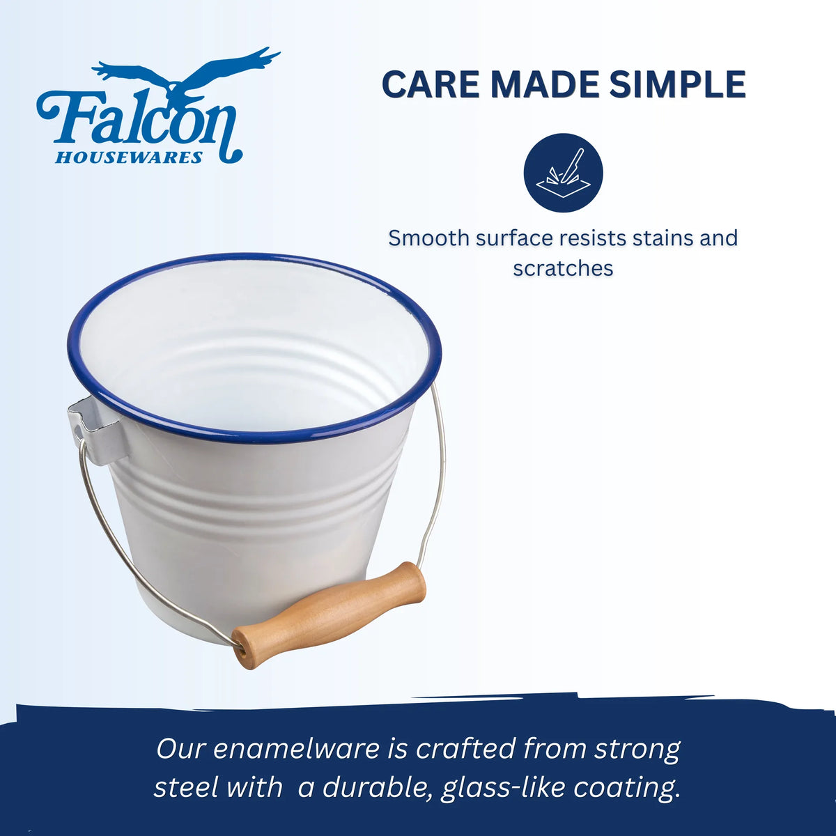 Falcon white enamel bucket with blue rim and wooden handle grip