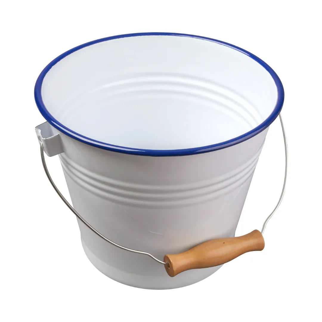 Falcon white enamel bucket with blue rim and wooden handle grip