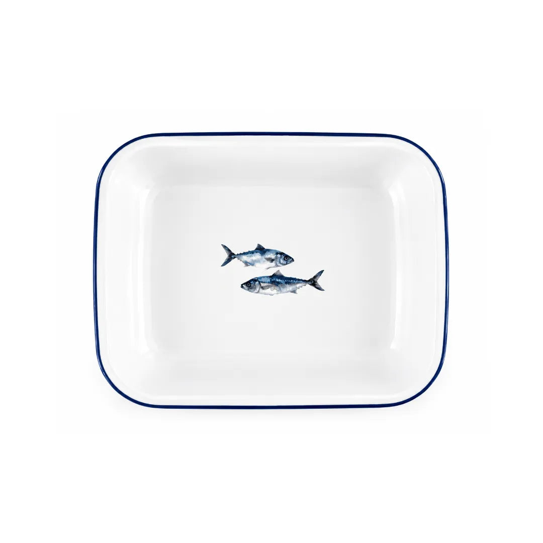 Falcon white enamel bakepan with blue rim and fish design