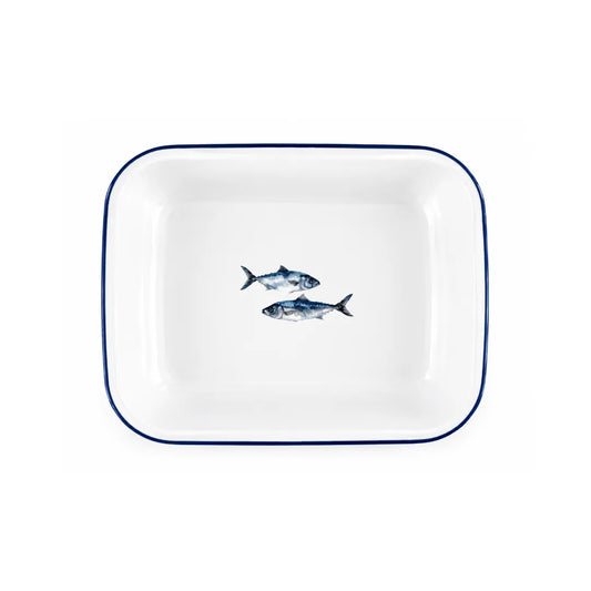 Falcon white enamel bakepan with blue rim and fish design