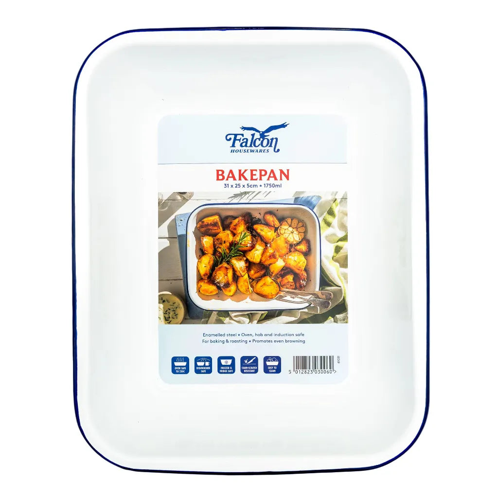 Falcon traditional white enamel bakepan with blue rim
