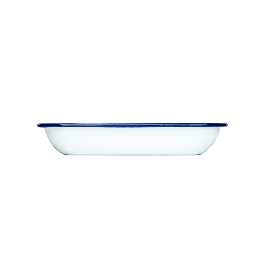 Falcon traditional white enamel bakepan with blue rim