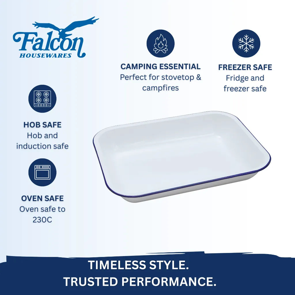 Falcon traditional white enamel bakepan with blue rim