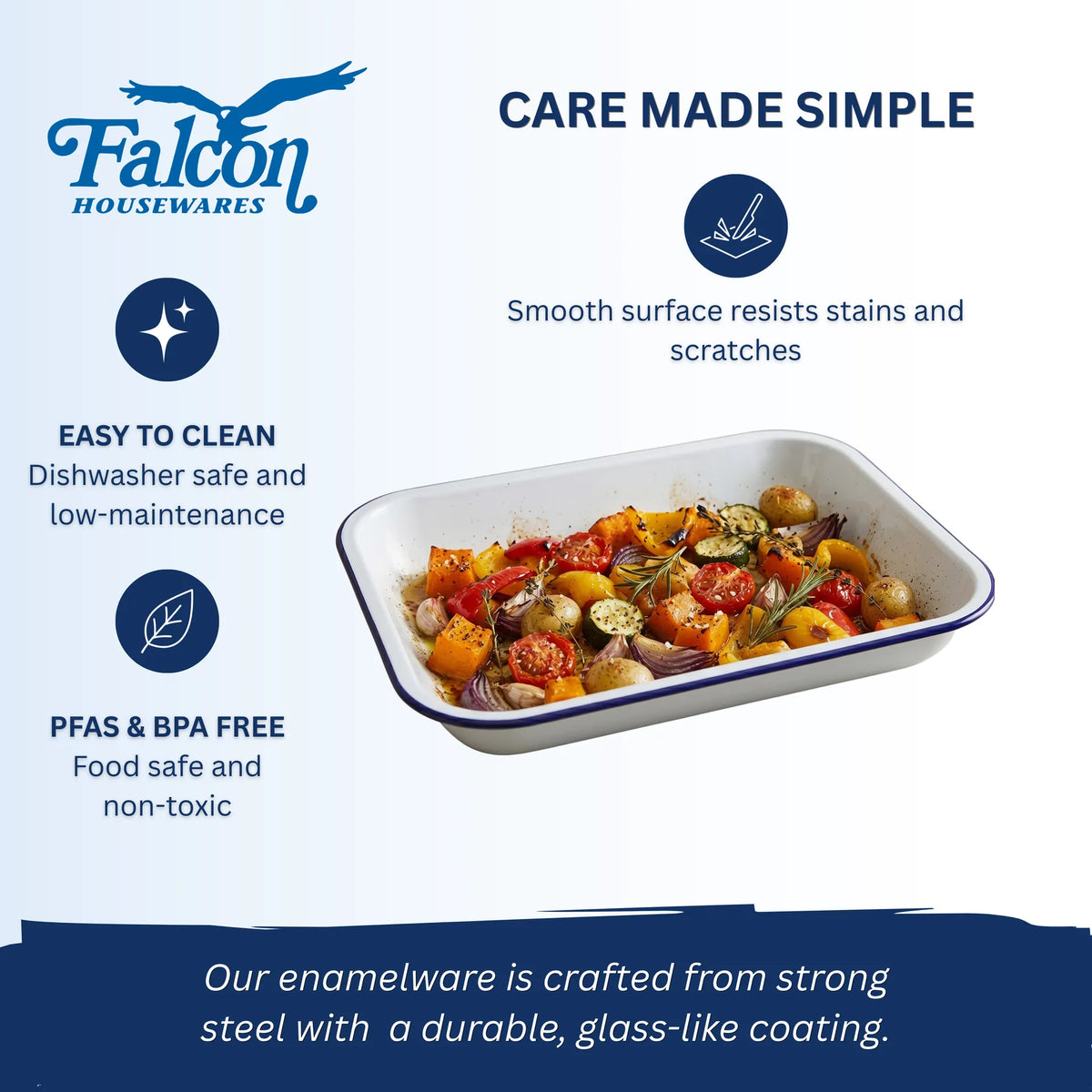 Falcon traditional white enamel bakepan with blue rim