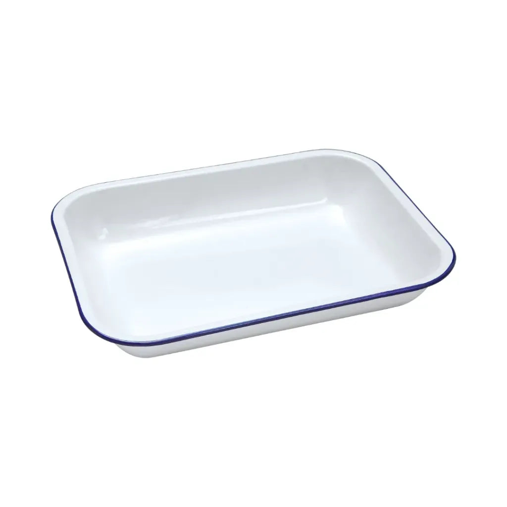 Falcon traditional white enamel bakepan with blue rim