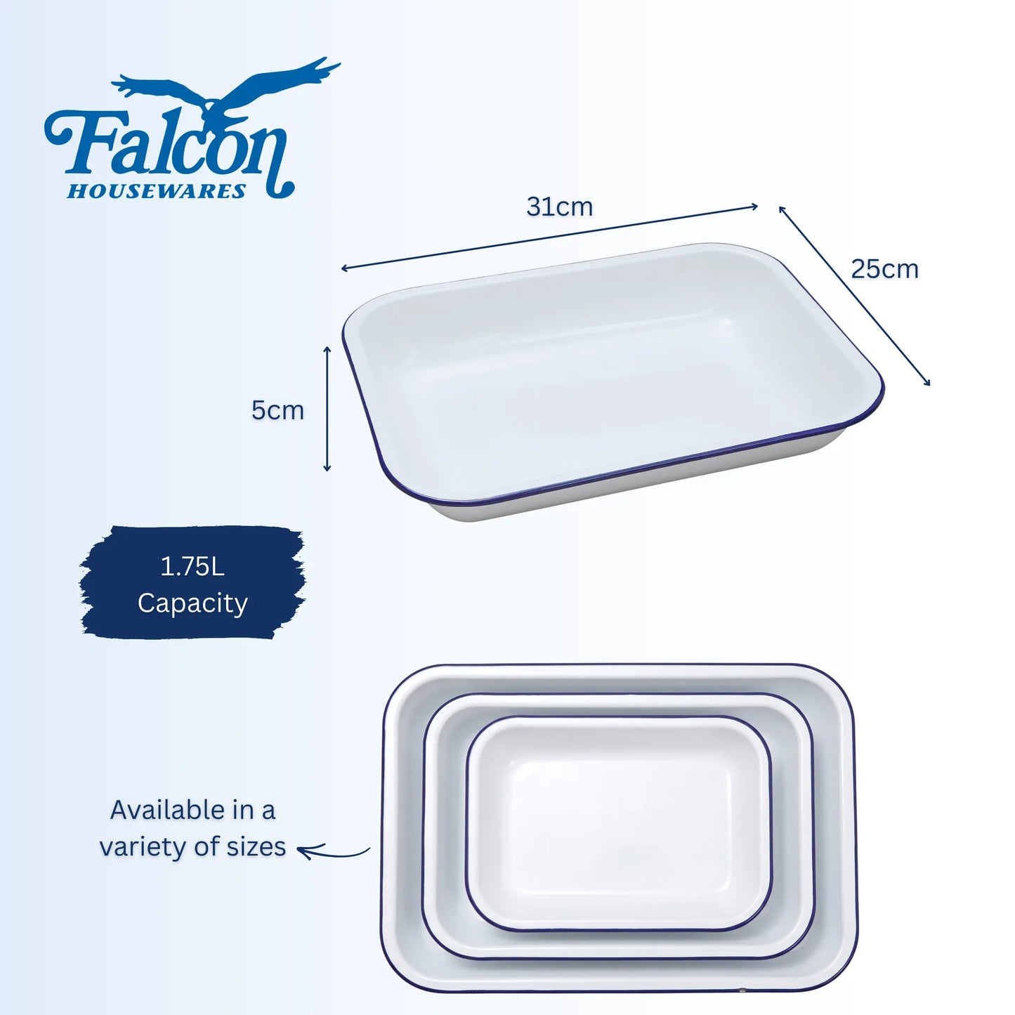 Falcon traditional white enamel bakepan with blue rim