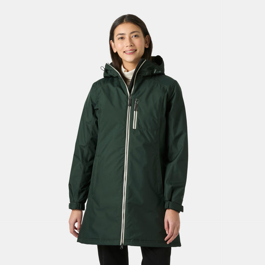 Helly Hansen Women's Long Belfast Winter Jacket showing long waterproof silhouette and adjustable hood