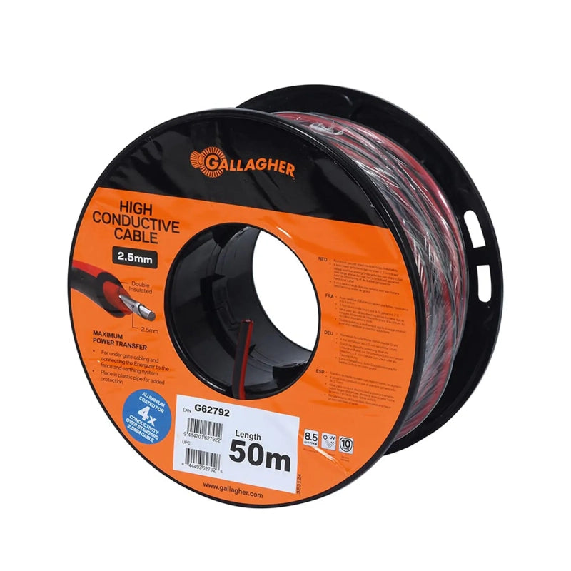 Gallagher XL red 2.5mm 50m double insulated electric fencing lead out cable roll