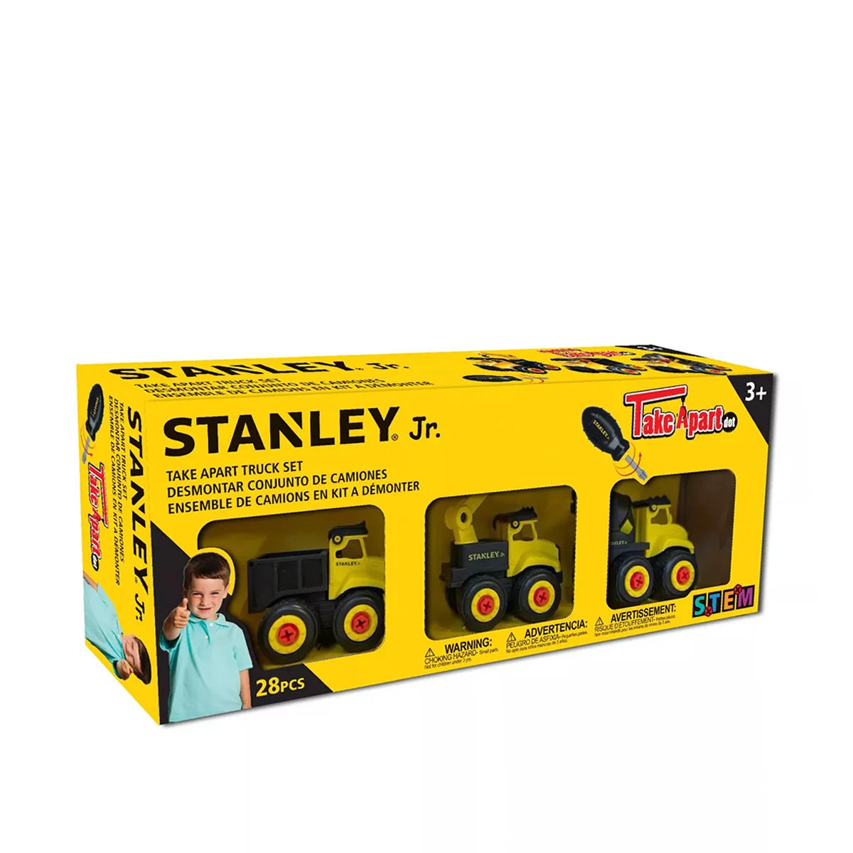 Stanley Jr 3 piece take apart construction truck set with child safe plastic screwdriver and bolts