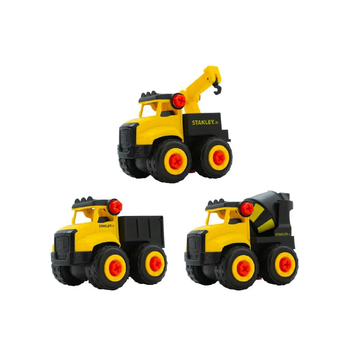 Stanley Jr 3 piece take apart construction truck set with child safe plastic screwdriver and bolts