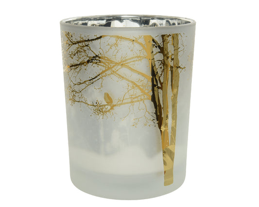 Kaemingk Hurricane Tealightholder glass/ gold bird and tree design - winter white 10cm x 12.5cm