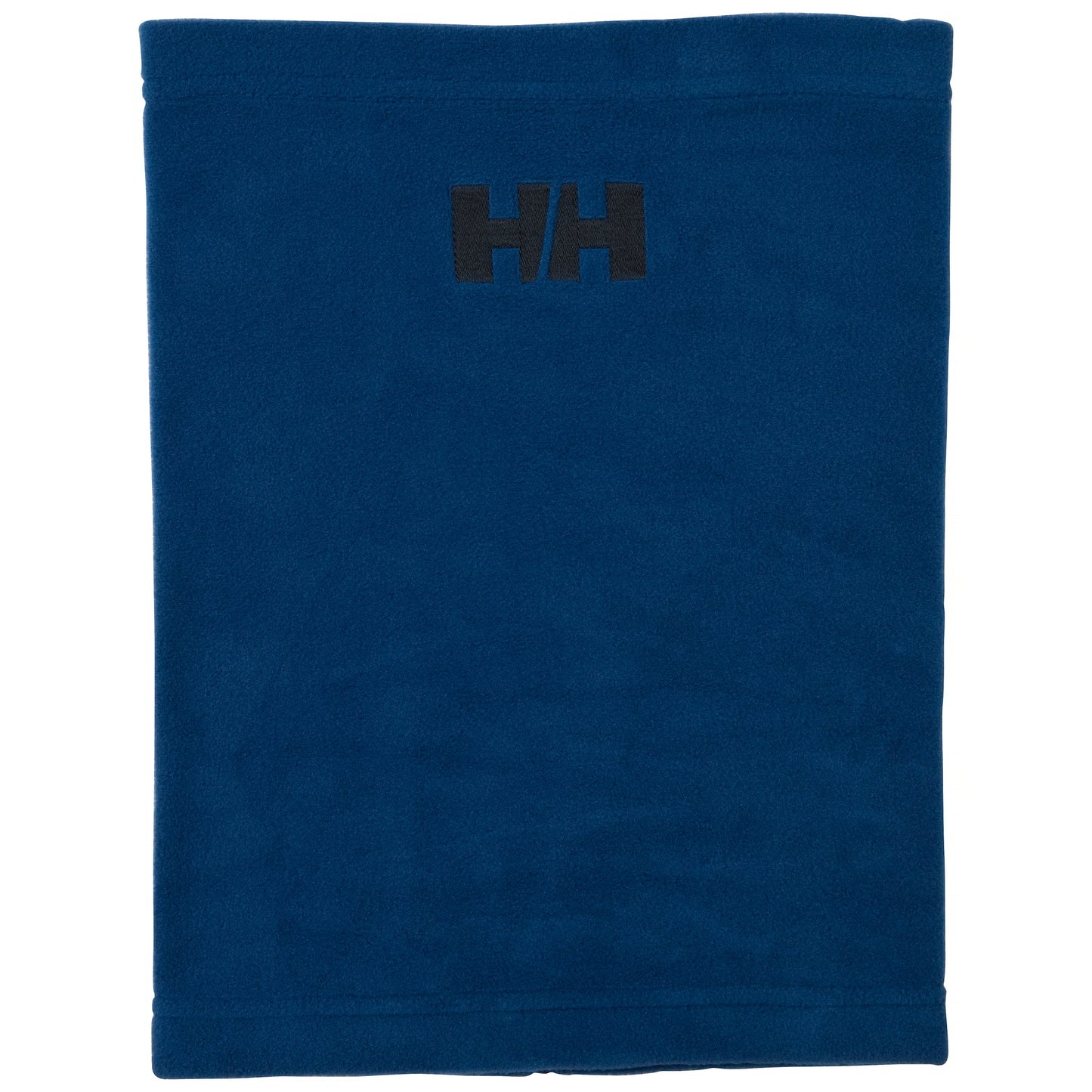 Flat lay view of the Helly Hansen Daybreaker Fleece Neck Warmer Snood in deep blue, featuring a soft fleece texture and a dark embroidered HH logo.