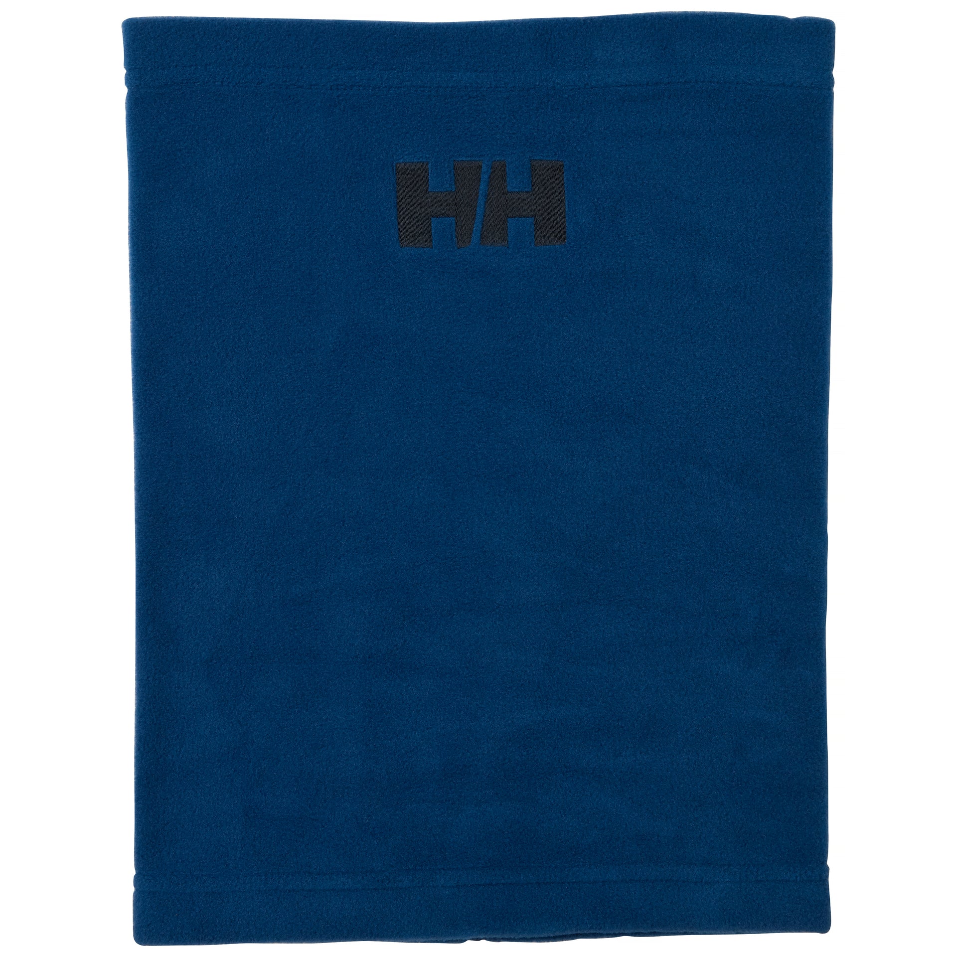 Flat lay view of the Helly Hansen Daybreaker Fleece Neck Warmer Snood in deep blue, featuring a soft fleece texture and a dark embroidered HH logo.