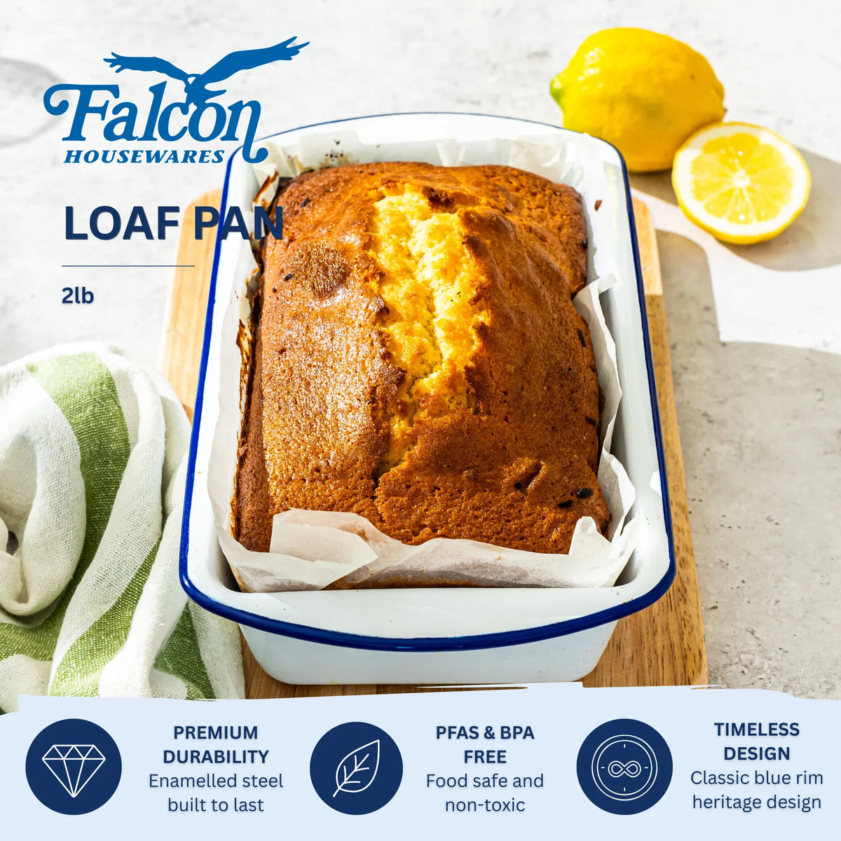 Falcon white enamel 2lb loaf tin with classic blue rim
