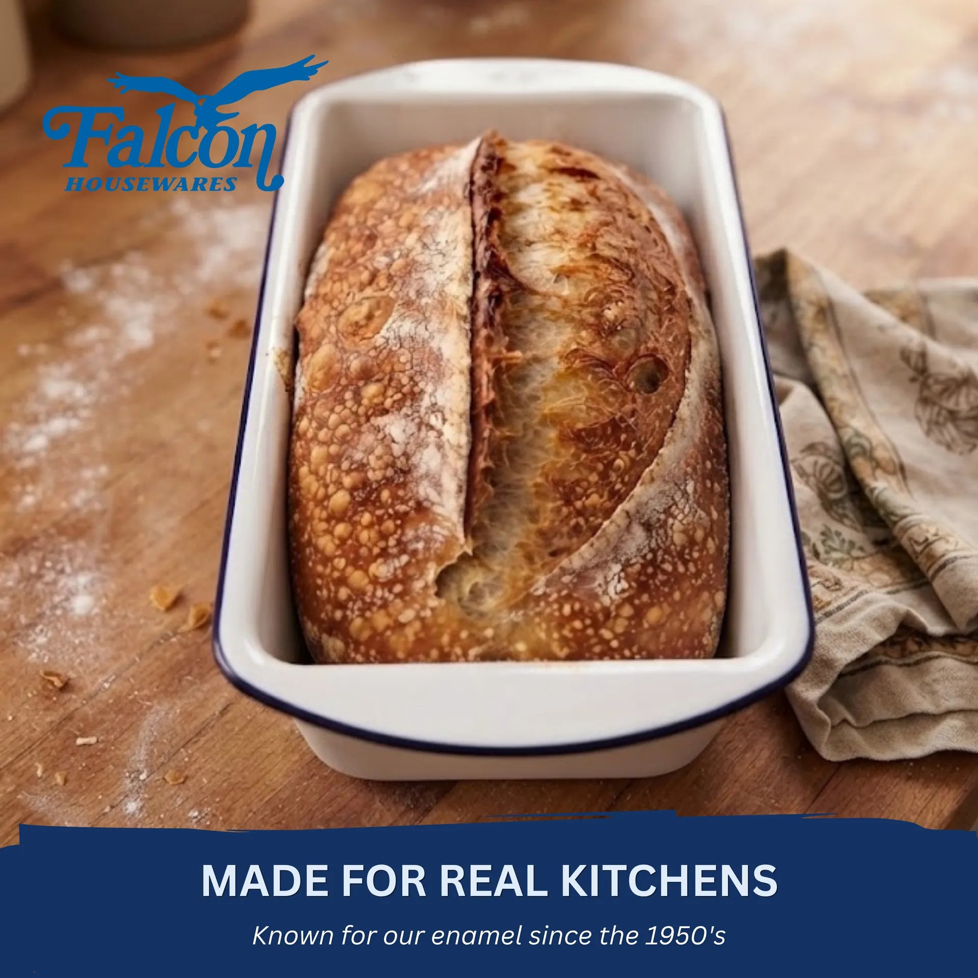 Falcon white enamel 2lb loaf tin with classic blue rim
