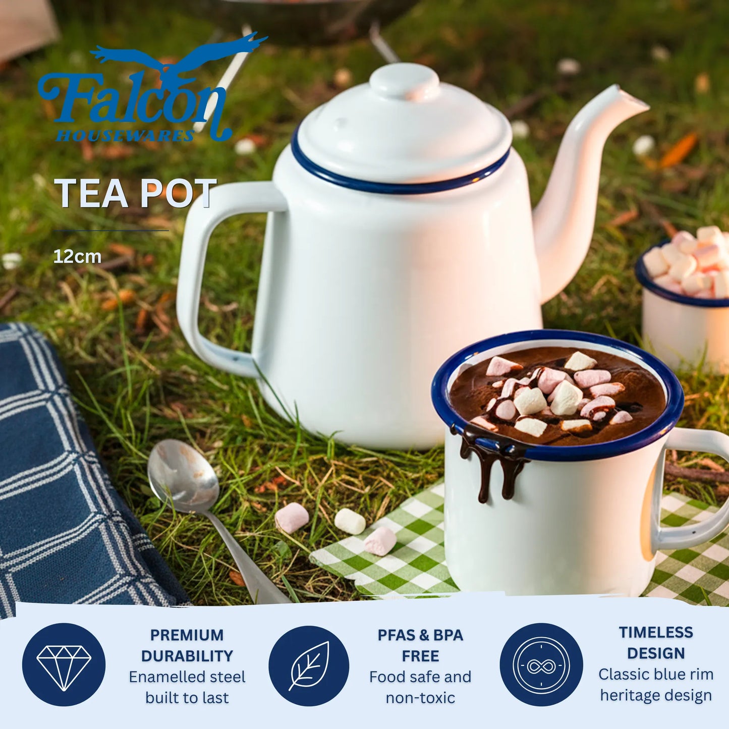 Falcon enamel white teapot with lid and classic blue rim 850ml