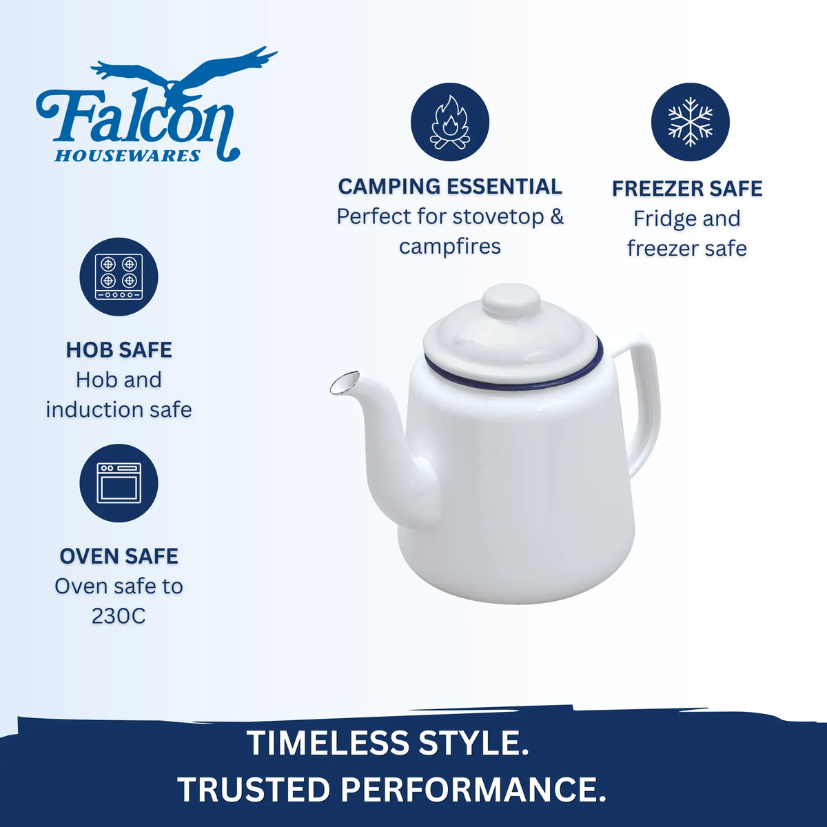 Falcon enamel white teapot with lid and classic blue rim 850ml