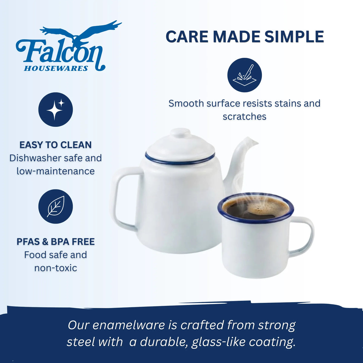 Falcon enamel white teapot with lid and classic blue rim 850ml