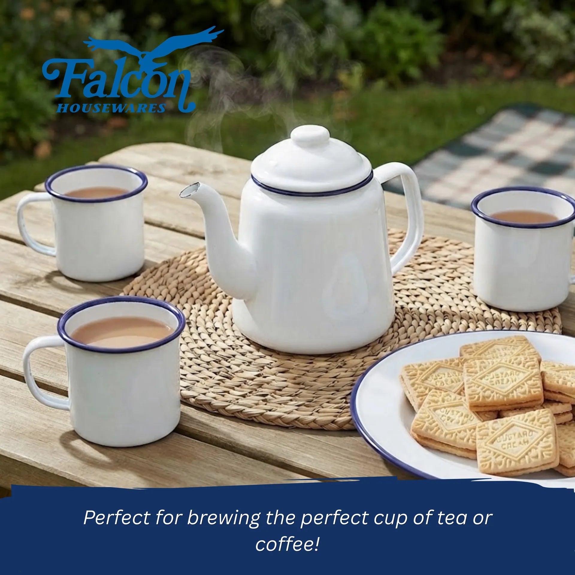 Falcon enamel white teapot with lid and classic blue rim 850ml