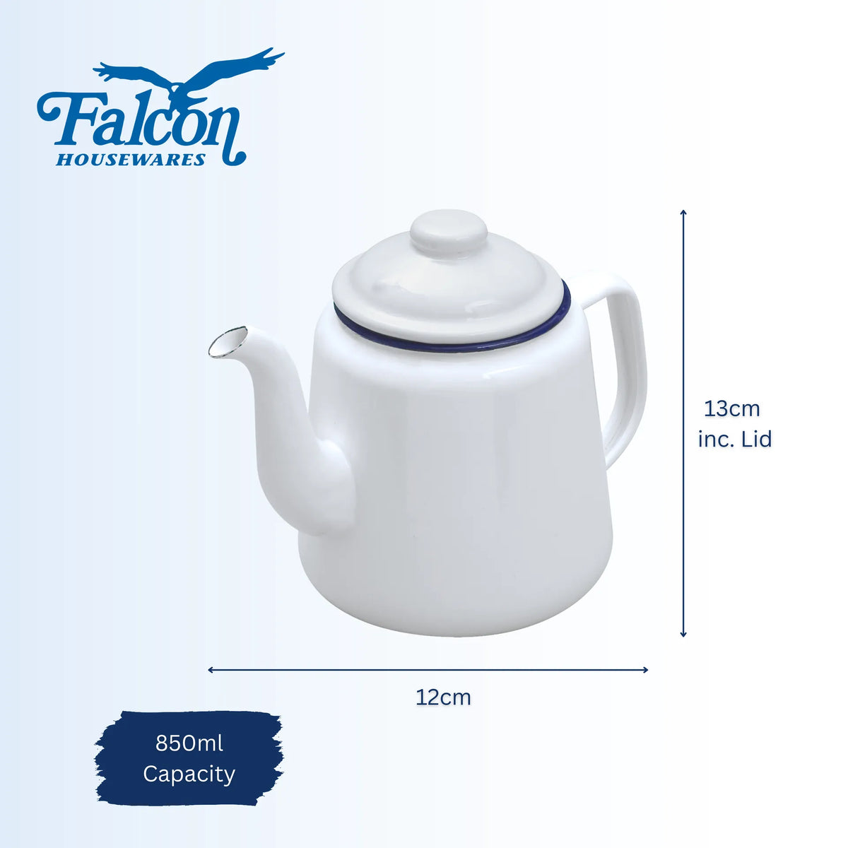 Falcon enamel white teapot with lid and classic blue rim 850ml