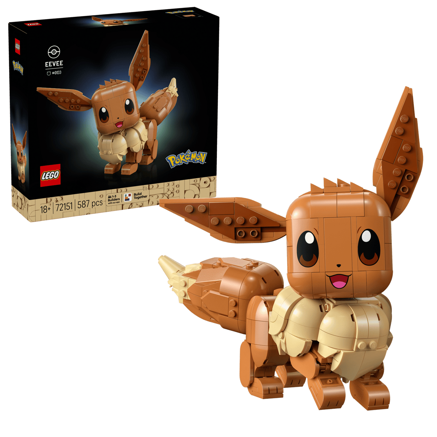 Built LEGO Pokémon Eevee 72151 brick-built figure with movable ears and tail against a black background.