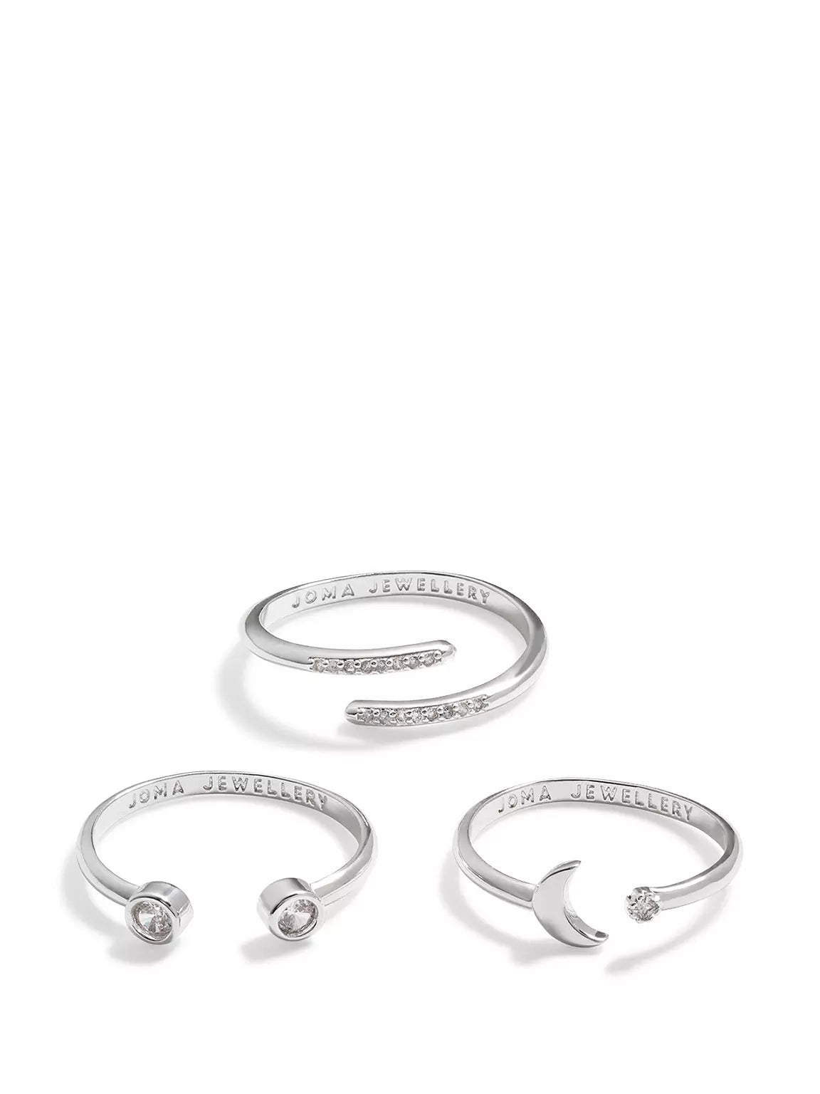 Joma Jewellery Stacks Of Style Moon & Cz Silver Set Of 3 Rings