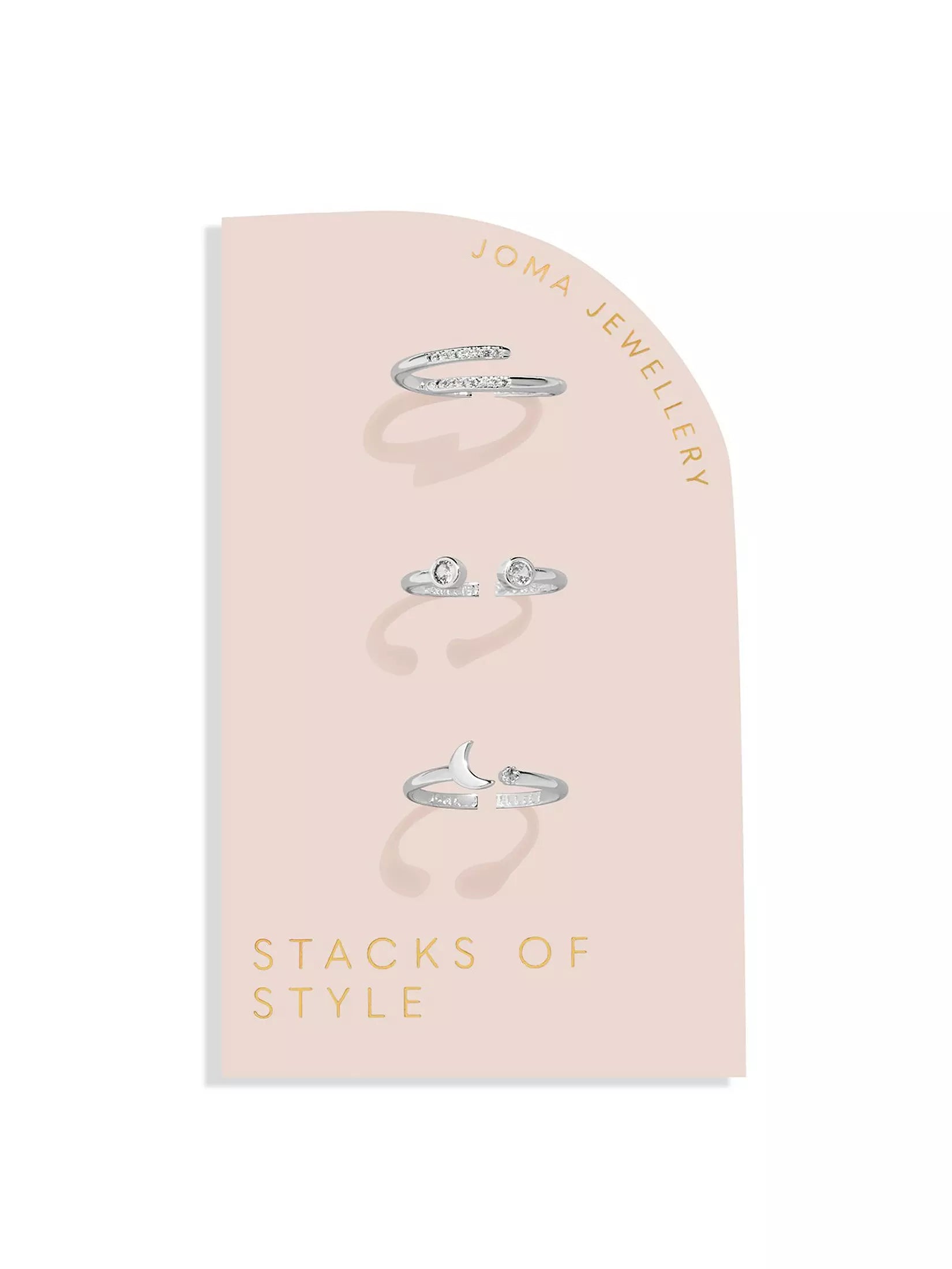 Joma Jewellery Stacks Of Style Moon & Cz Silver Set Of 3 Rings