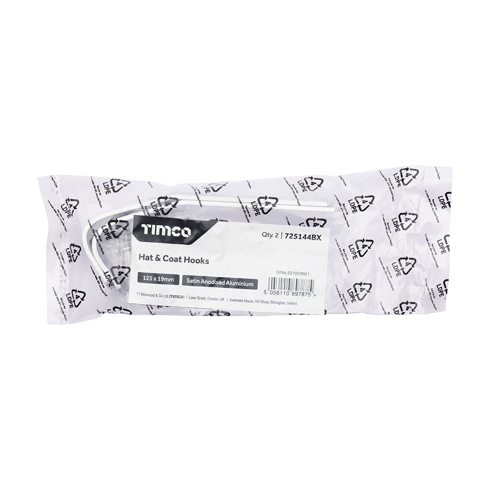 Hat & Coat Hooks - Satin Anodised Aluminium 125 x 19