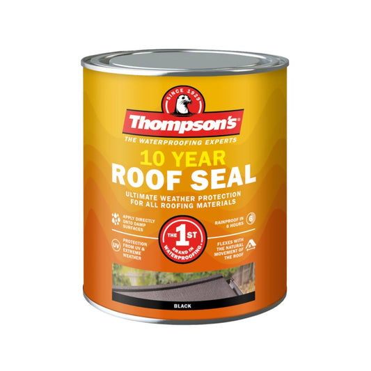 Thompson's 10 Year Roof Seal Black 1L tin for waterproofing shed felt, flashings, and gutters