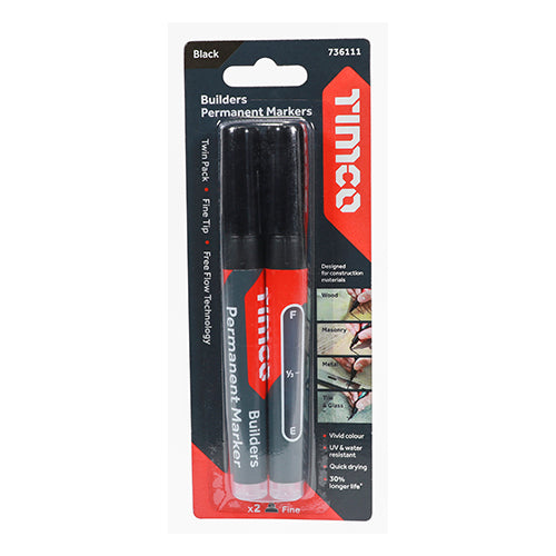 Permanent Markers - Fine Tip - Black x2 -TIMCO