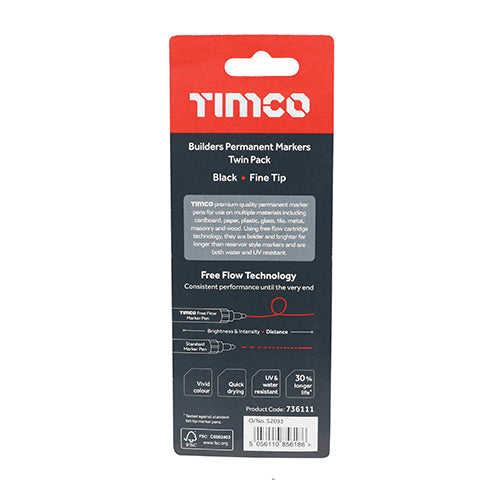 Permanent Markers - Fine Tip - Black x2 -TIMCO